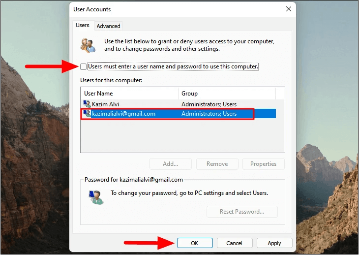 remove login password on Windows 11 PC