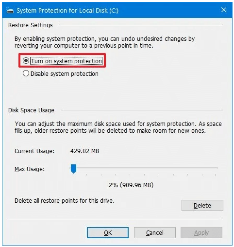Turn on system protection