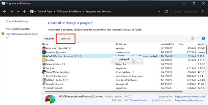 uninstall programs on Windows 11