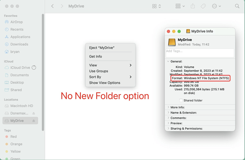 Fix can not create new files/folders on external hard drive on Mac