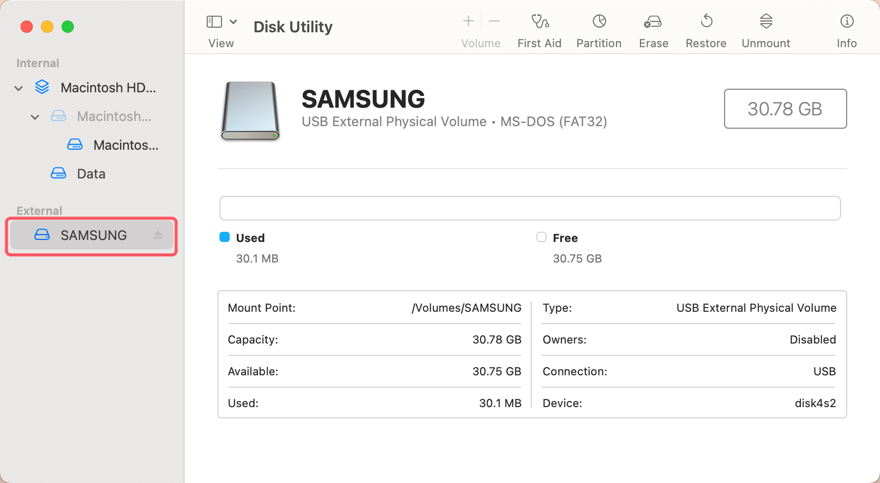 Find the Samsung memory card and choose it