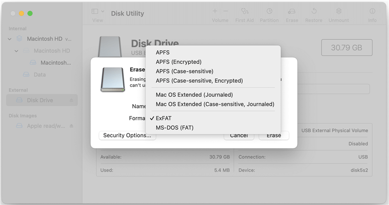 format an external hard drive or USB flash drive in macOS 10.13 High Sierra