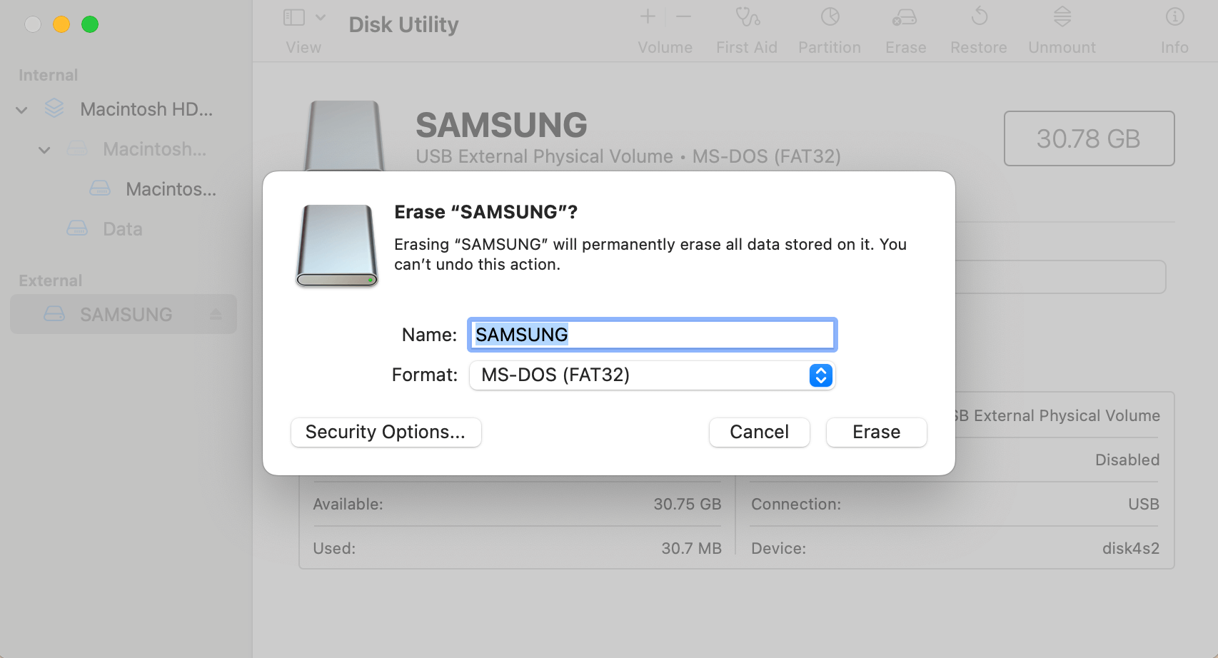 Start the process of formatting
