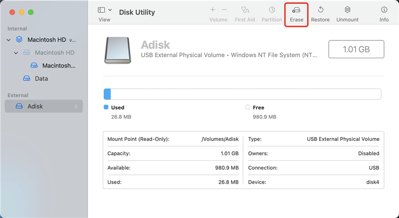 erase NTFS USB drive on Mac