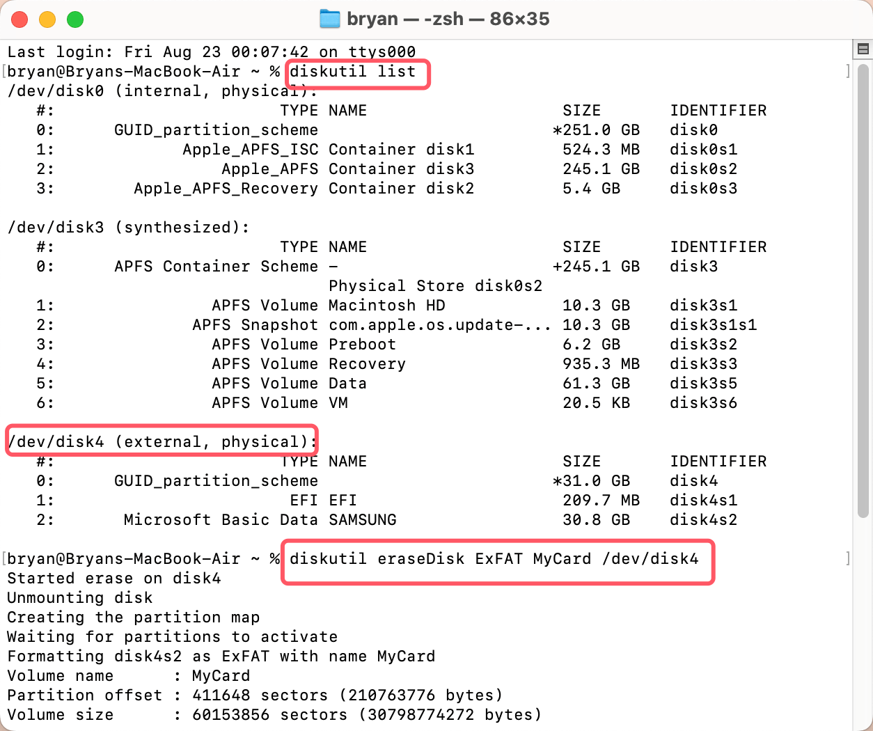 use Terminal commands to erase a disk