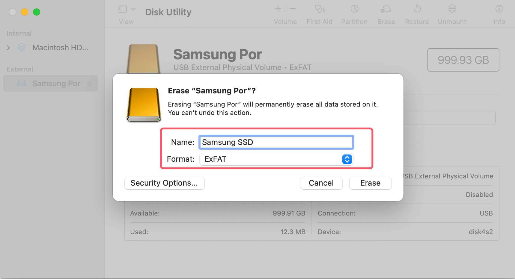 Wipe a Samsung portable SSD on Mac